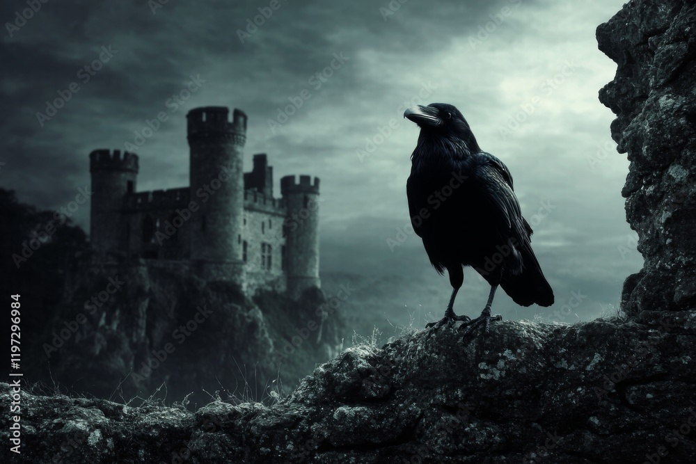 Fototapeta premium Majestic Black Raven Perched Near a Stone Castle Under a Gloomy Sky