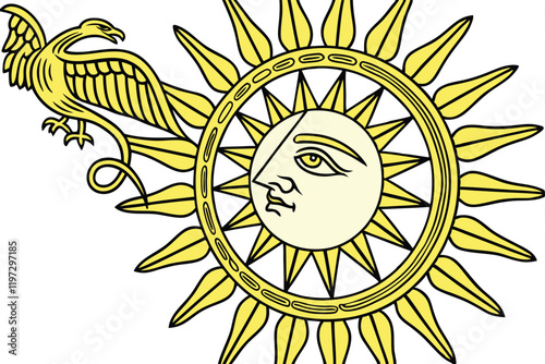 Golden sun emblem, stylized face, radiant rays, symmetrical design, heraldic symbol, celestial motif, ancient Inca inspiration, vibrant yellow, ornate detailing, circular shape, mythological imagery, 