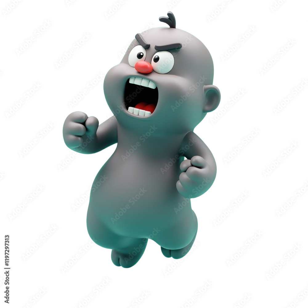 angry gray cartoon character in a dynamic 3d-rendered pose
