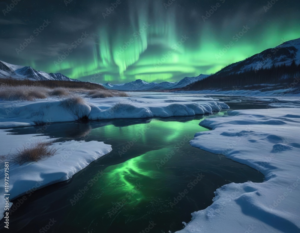 Naklejka premium A dramatic scene of an aurora borealis over a frozen pond with waves crashing against the shore, turbulent sea, natural light