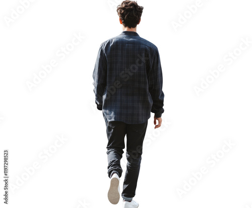 Stylish Man Walking Away - Back View in Plaid Shirt and Jeans , isolated on white background PNG
