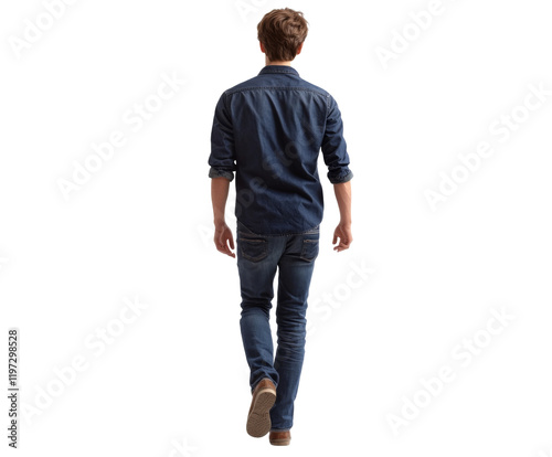 Stylish Man in Denim Outfit Walking Away - A Modern Lifestyle Portrait , isolated on white background PNG