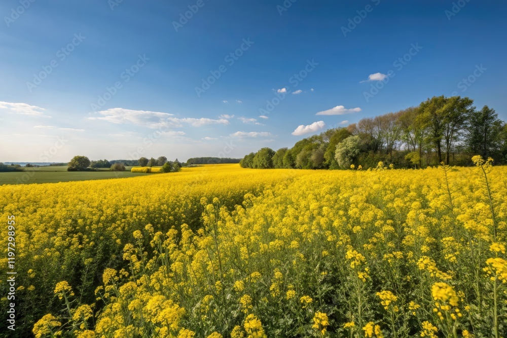 Obraz premium A field of yellow flowers in full bloom under a brilliant blue sky on a warm summer day, natural scenery, yellow flowers, sunny weather, blue sky, countryside