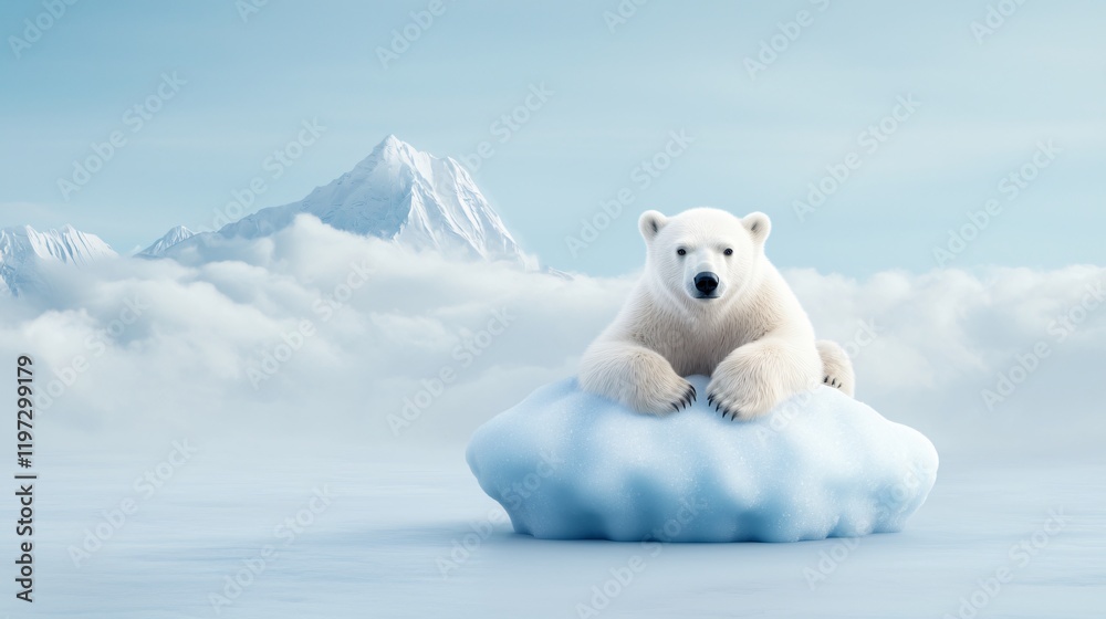 Polar bear resting on a cloud in a serene snowy landscape. Polar bear resting on a cloud in a serene snowy landscape.