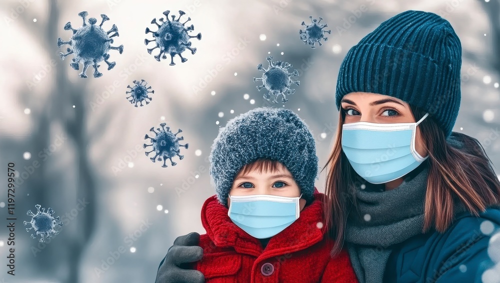 Mother and Child in Winter Wear with Masks in Snowy Environment Mother and Child in Winter Wear with Masks in Snowy Environment