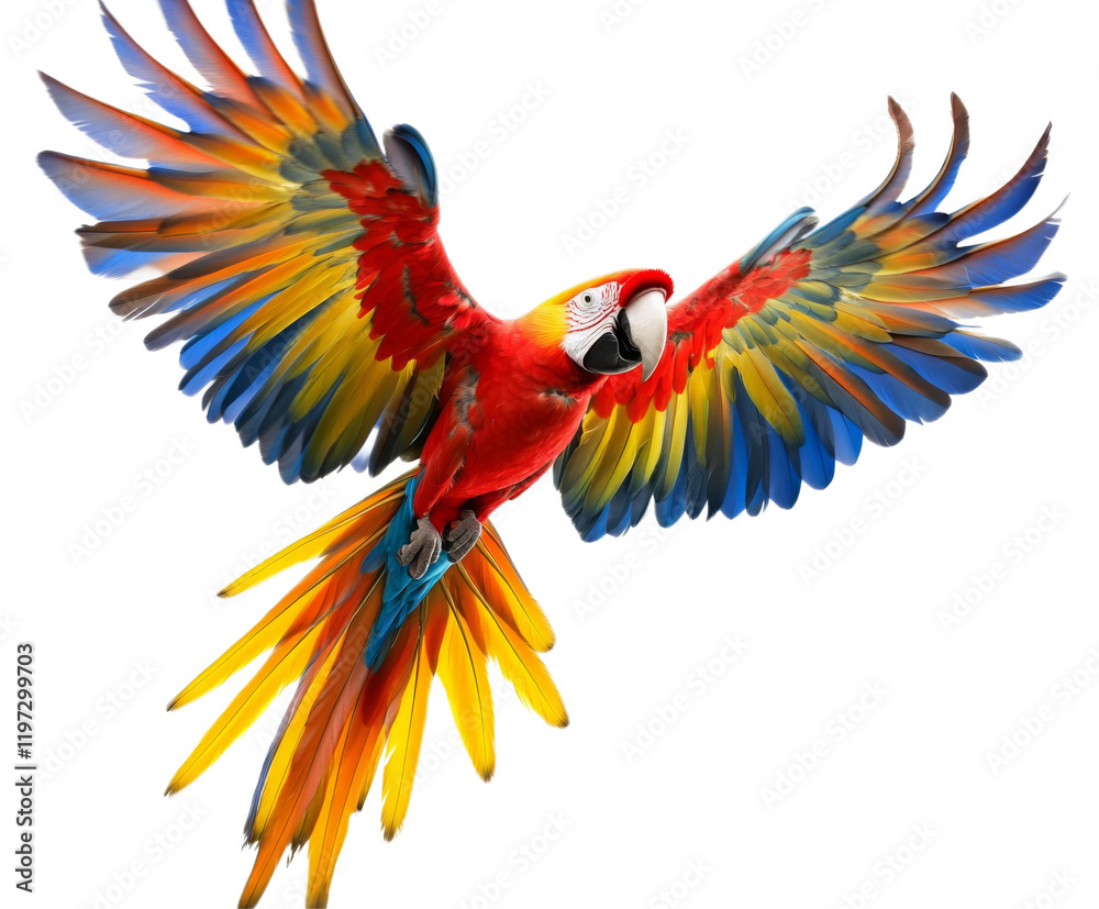 Fototapeta premium Vibrant Macaw in Flight: A Stunning Display of Nature's Colors , isolated on white background PNG