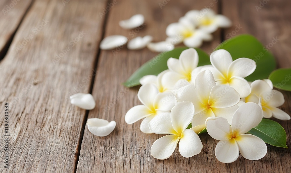 White plumeria flowers on rustic wooden table, spa background White plumeria flowers on rustic wooden table, spa background