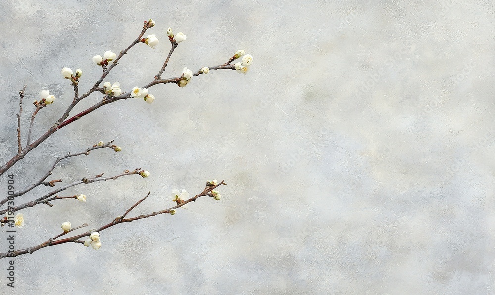 Obraz premium White spring blossom branches on textured gray background for nature, beauty, or seasonal themes