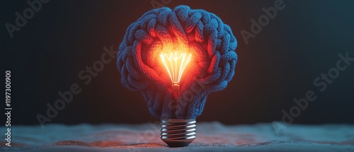 Blue and red knitted brain threads illuminated by a glowing lightbulb, symbolizing the spark of creativity and innovation, surreal composition, ultraHD rendering photo