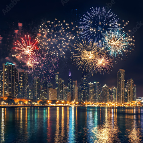 Night skyline with vibrant fireworks illuminating a cityscape over water.