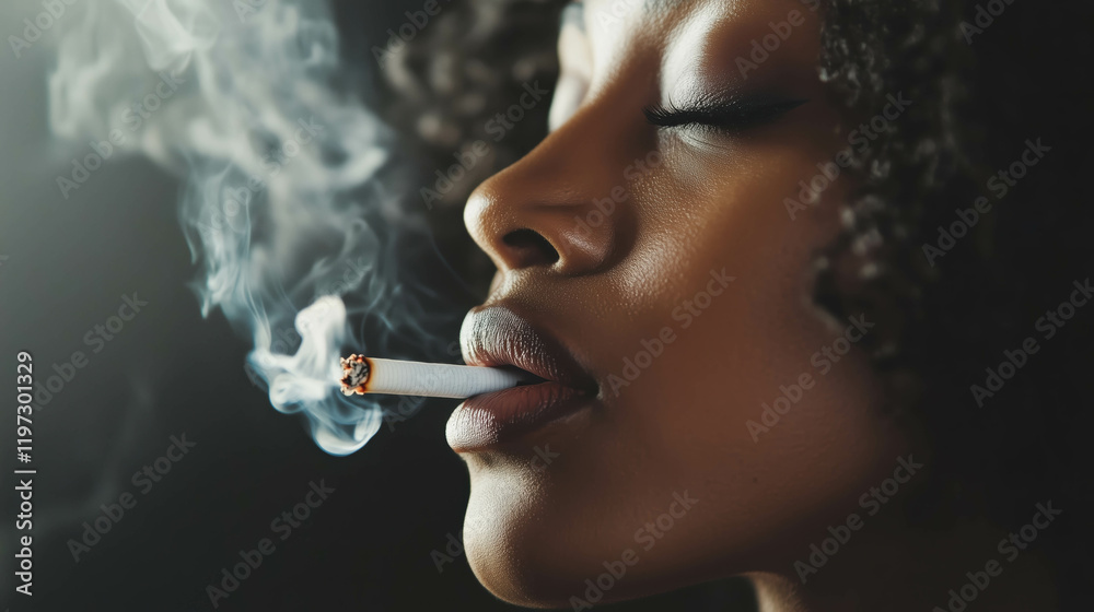 Obraz premium Young woman smoking a cigarette exhaling smoke on dark background