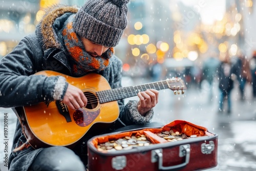 A street musician playing a melancholic tune, their open guitar case collecting only a few coins, capturing vulnerability in their expression photo