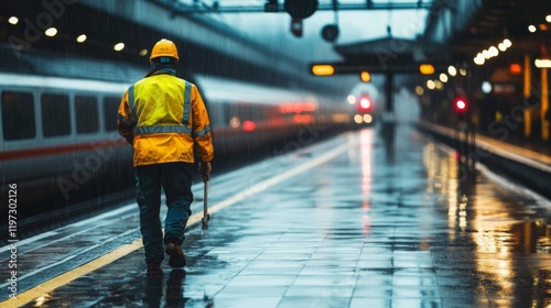 Wallpaper Mural A worker in a yellow jacket walks on a rainy train platform as a train approaches, creating a moody, atmospheric scene. Torontodigital.ca