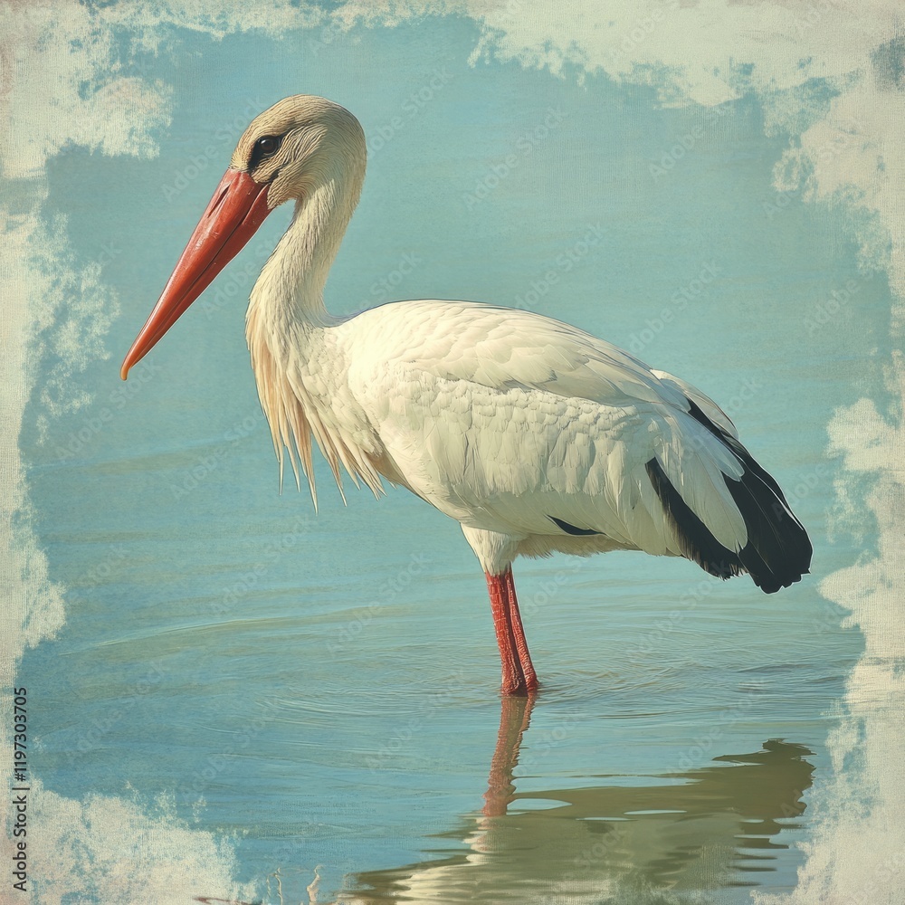 Fototapeta premium Elegant White Stork Wading in Tranquil Waters: A Glimpse of Wildlife in Nature