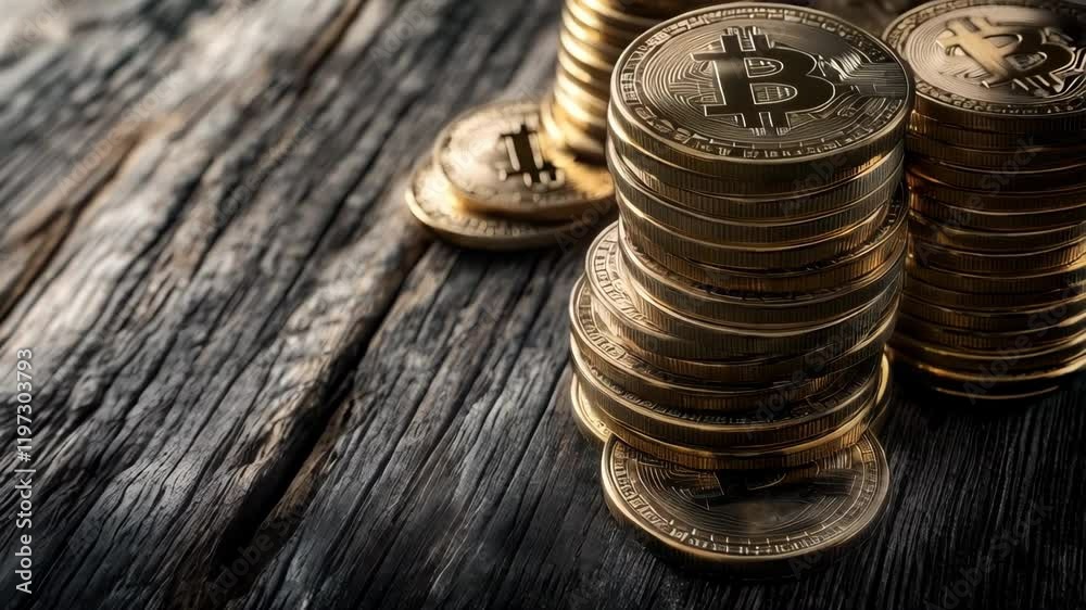 stacked bitcoin coins on the wooden table, crypto currency and investment concept stacked bitcoin coins on the wooden table, crypto currency and investment concept