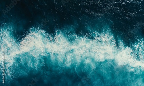 Aerial view of ocean waves crashing, deep blue water, nature background, travel and seascape photography