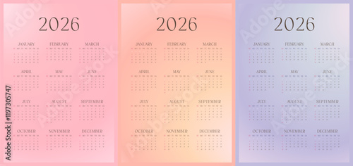 2026 Pastel Gradient Calendar Set, Elegant One Page Annual Design, Minimal and Aesthetic Templates, Printable and Editable for Home or Office
