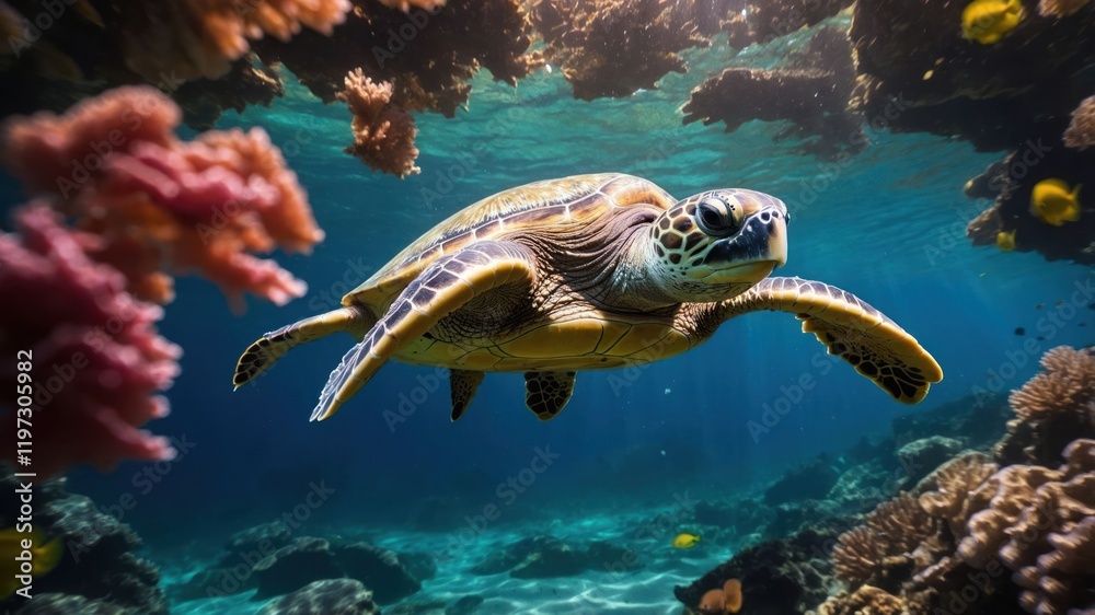 Fototapeta premium A sea turtle glides gracefully through a vibrant underwater scene filled with coral.