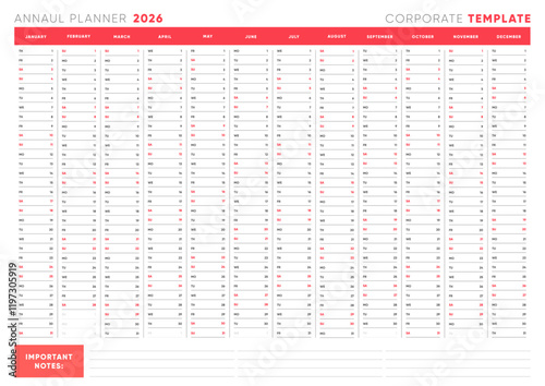 2026 Annual Planner Template, Stylish Horizontal Design with Notes Section, Business Calendar for Office and Corporate Use, Editable and Printable
