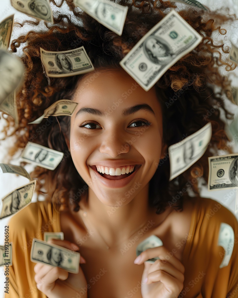 A happy black woman holding 100 bills in both hands, with additional bills appearing to fall from the sky