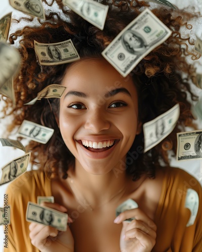 Obraz na płótnie A happy black woman holding 100 bills in both hands, with additional bills appearing to fall from the sky w salonie