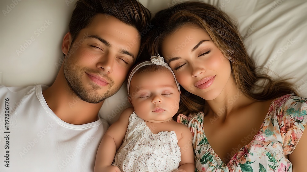 Tender Family Moment with Loving Parents Relaxing on Bed while Adoringly Gazing at Their Newborn Baby in a Cozy and Inviting Home Environment Tender Family Moment with Loving Parents Relaxing on Bed while Adoringly Gazing at Their Newborn Baby in a Cozy and Inviting Home Environment