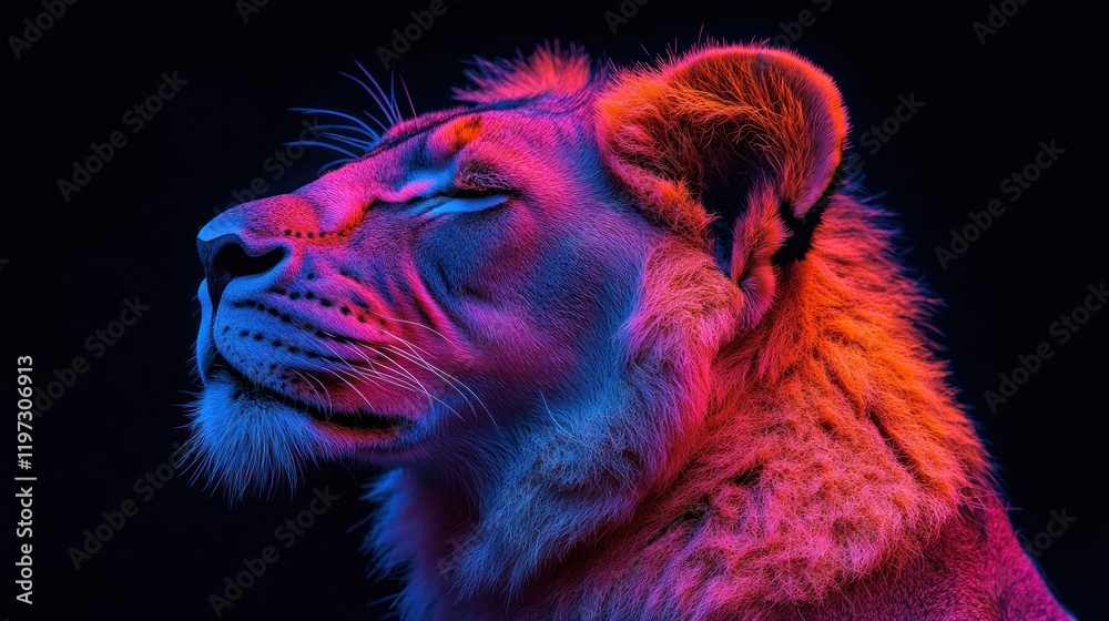 Naklejka premium Neon Lioness Portrait, Studio, Dark Background, Wildlife Art