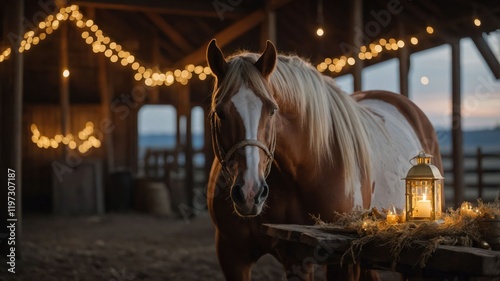 A serene horse stands in a warmly lit barn, surrounded by fairy lights and a lantern.