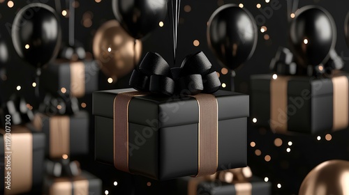 Black gift boxes with ribbon bows and black balloons flying on a dark background for Black Friday, online  shopping, or a special sale event photo