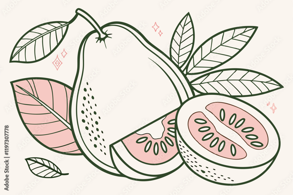 Guava fruit illustration, botanical art, pastel background, green and pink colors, minimalist design, vintage fruit label style, cut guava slices, tropical fruit, organic shape, vector graphic aesthet Guava fruit illustration, botanical art, pastel background, green and pink colors, minimalist design, vintage fruit label style, cut guava slices, tropical fruit, organic shape, vector graphic aesthet