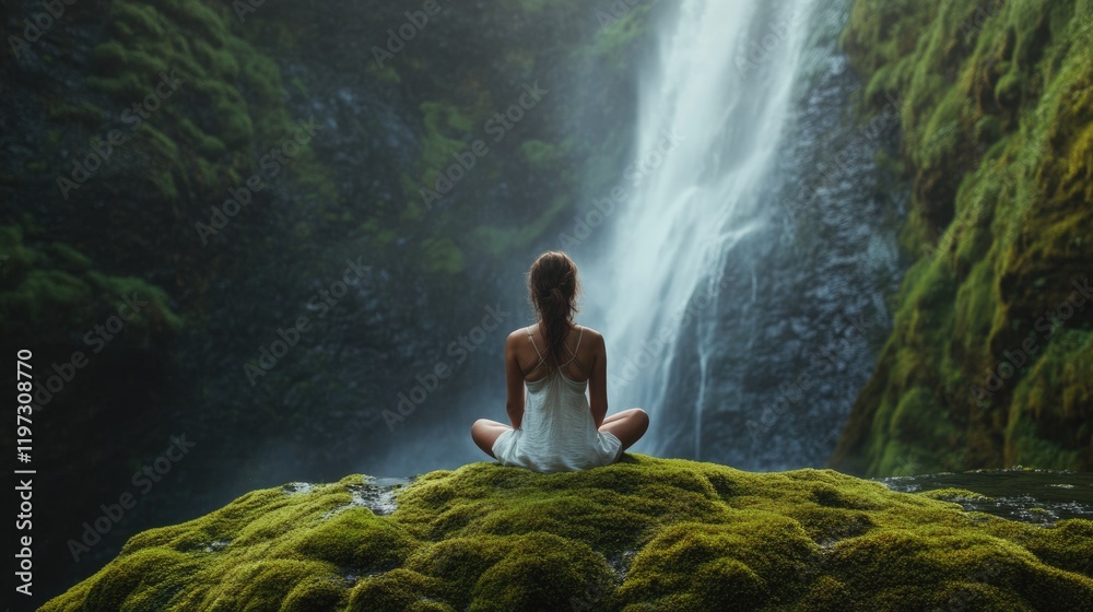 Fototapeta premium Serene Yoga Practice: Young Woman Engaging in Pranayama Amidst Lush Moss Forest and Tranquil Waterfall