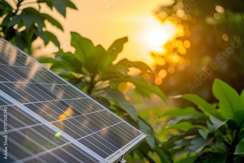 Photorealistic solar panels on the roof of a modern house, a green garden, sunset light with a bokeh effect, detailed and professionally photographed in the style of various artists 
