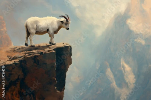 White mountain goat standing on a cliff edge looking nervously down, with a majestic mountain range in the background
