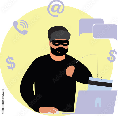 Online crime concept. A masked fraudster calls his victim on the phone and asks for banking information. The criminal steals money. Cartoon flat vector illustration isolated on a white background
