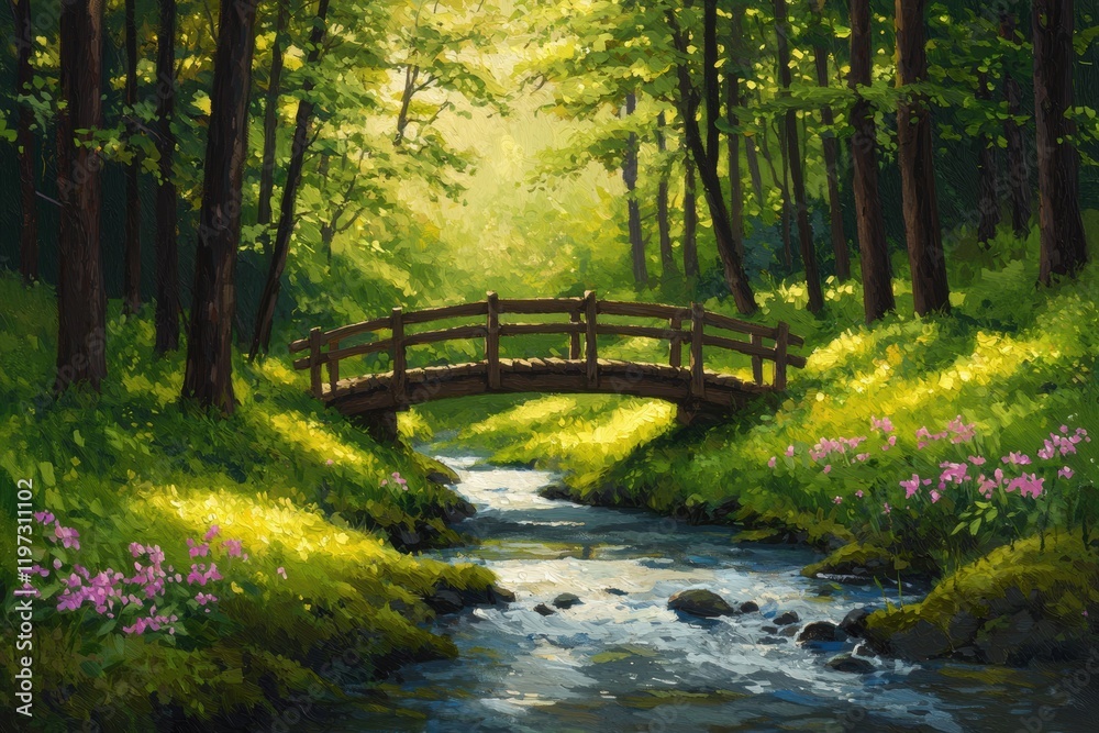 Tranquil Forest Scene with Bridge Over Stream and Vibrant Flora Tranquil Forest Scene with Bridge Over Stream and Vibrant Flora