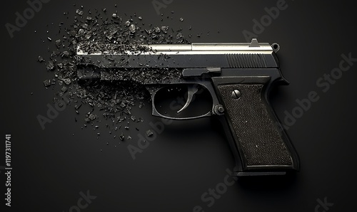 Disintegrating handgun on dark background symbolizing gun control, violence prevention