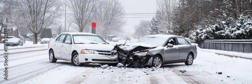 Two damaged cars sitting on a snowy road after a dangerous winter accident, emphasizing the significant risks associated with driving in icy and hazardous conditions photo