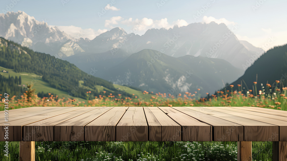 Wooden tabletop with a green hills and forest landscape background, a photo backdrop for product display. Wooden tabletop with a green hills and forest landscape background, a photo backdrop for product display.