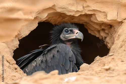 A vulture roosting in the ruins of an old building, with its shadow stretching across the crumbling walls photo