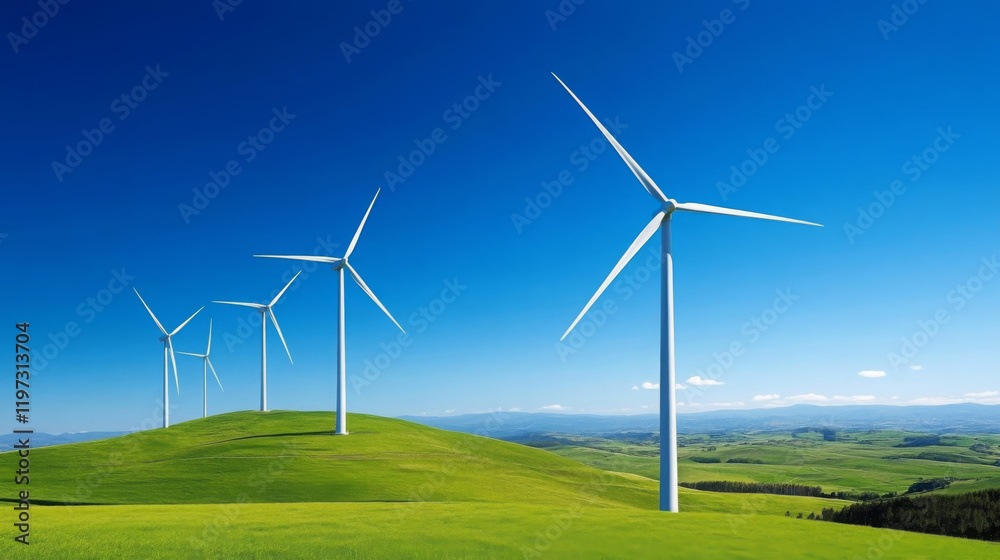 Scenic view of large wind turbines on green hills under clear blue sky, showcasing renewable energy and nature beauty Scenic view of large wind turbines on green hills under clear blue sky, showcasing renewable energy and nature beauty