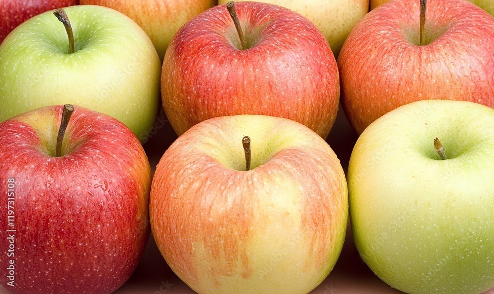 Fresh red and green apples arranged closely together on a surface Fresh red and green apples arranged closely together on a surface