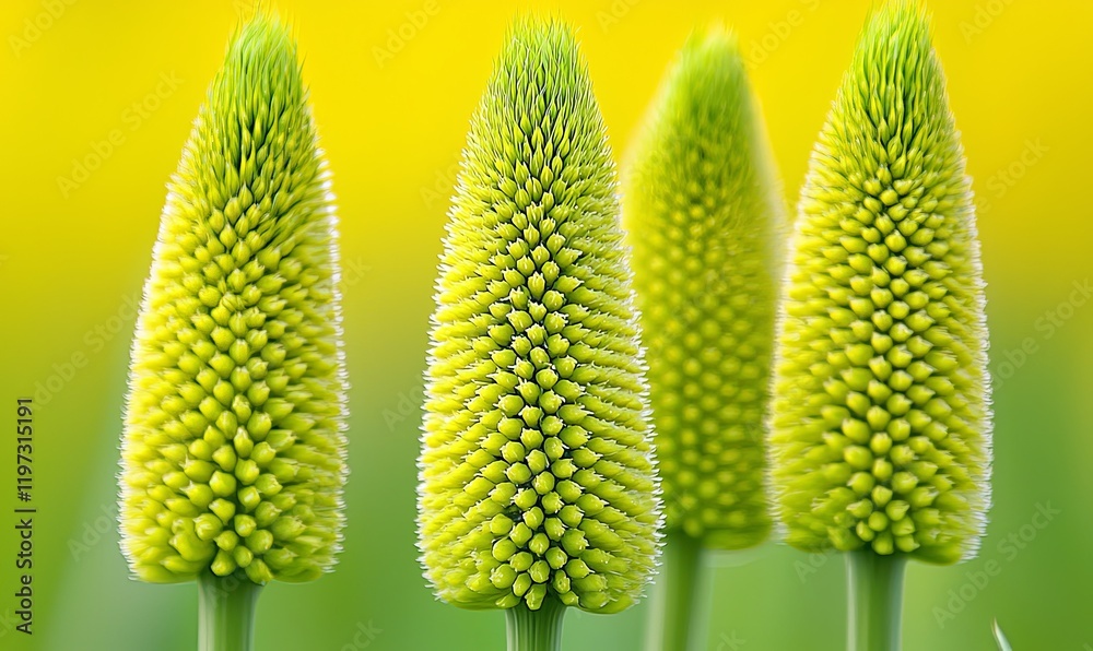 Four vibrant green flower buds in a field, close-up with blurred background Four vibrant green flower buds in a field, close-up with blurred background