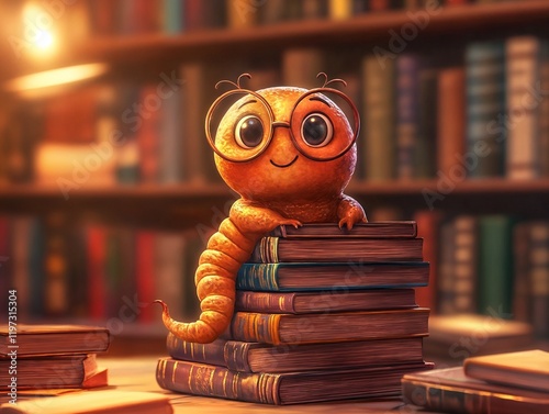 Cute cartoon worm wearing glasses sitting on a stack of books in a cozy library