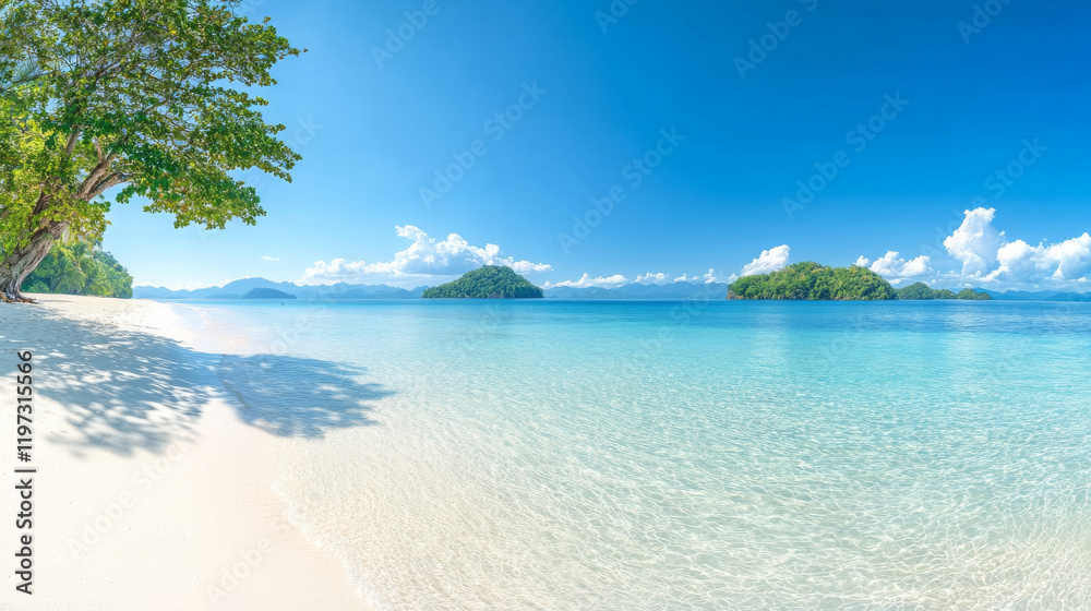 Fototapeta premium wide panoramic view of pristine white sandy beach with clear turquoise water, surrounded by lush green islands and bright blue sky. scene evokes tranquility and natural beauty