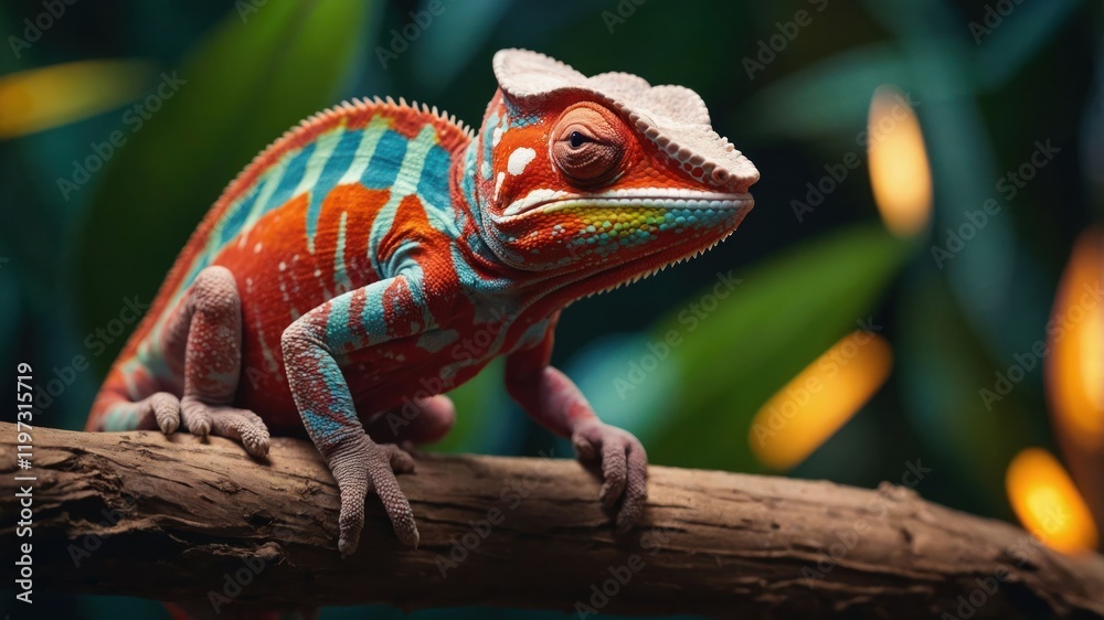 Fototapeta premium A vibrant chameleon perched on a branch, showcasing its colorful scales in a lush environment.