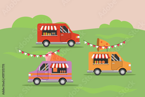 Food truck with street food concept. Colored flat vector illustration isolated.