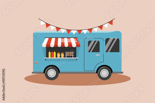 Food truck with street food concept. Colored flat vector illustration isolated.