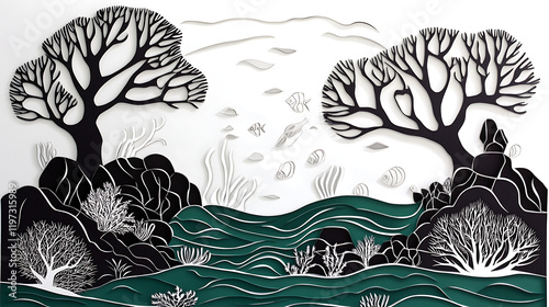 Wallpaper Mural  Paper art and cut style concept of World Oceans craft paper of sea waves Beautiful underwater world Paper art and cut style Torontodigital.ca