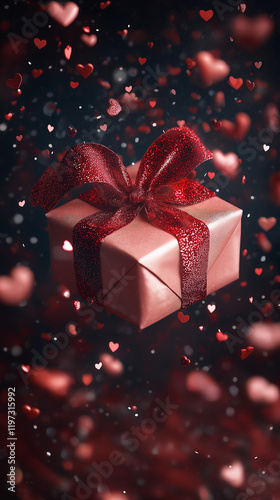  Maroon Gift Box with Heart Floating Against a Sparkling Background