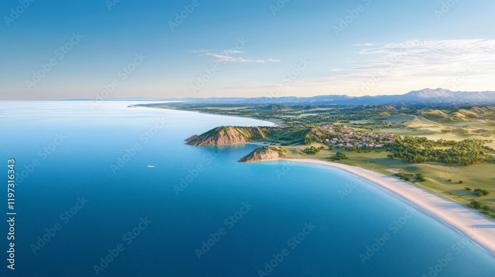 Aerial view of vibrant coastal region with serene beach, lush greenery, and distant mountains. tranquil waters reflect clear sky, creating picturesque landscape Aerial view of vibrant coastal region with serene beach, lush greenery, and distant mountains. tranquil waters reflect clear sky, creating picturesque landscape